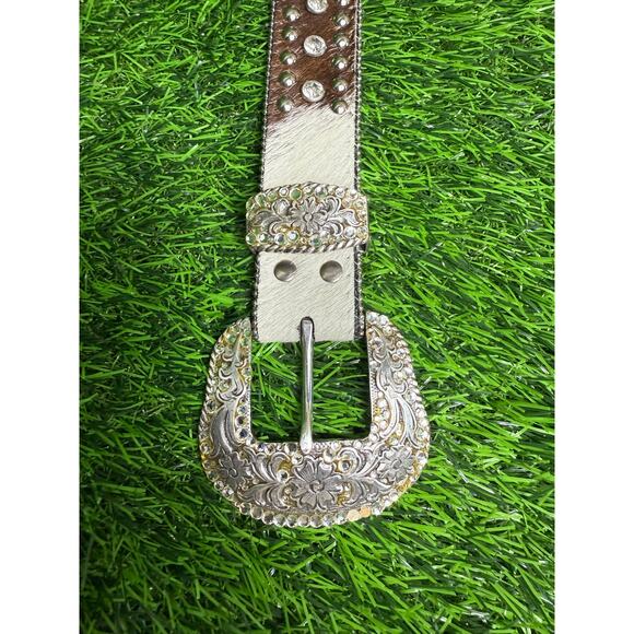 Nocona Western Rhinestone Studded Hair-On Leather Belt XL Engraved Buckle main image 4